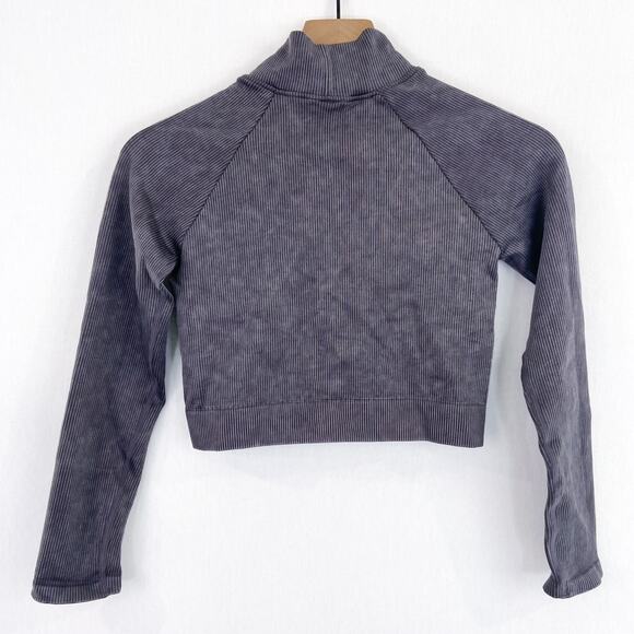 Mono B Women's Purple Raglan Athletic Cropped Long Sleeve Double Zip Sweater - Picture 3 of 8